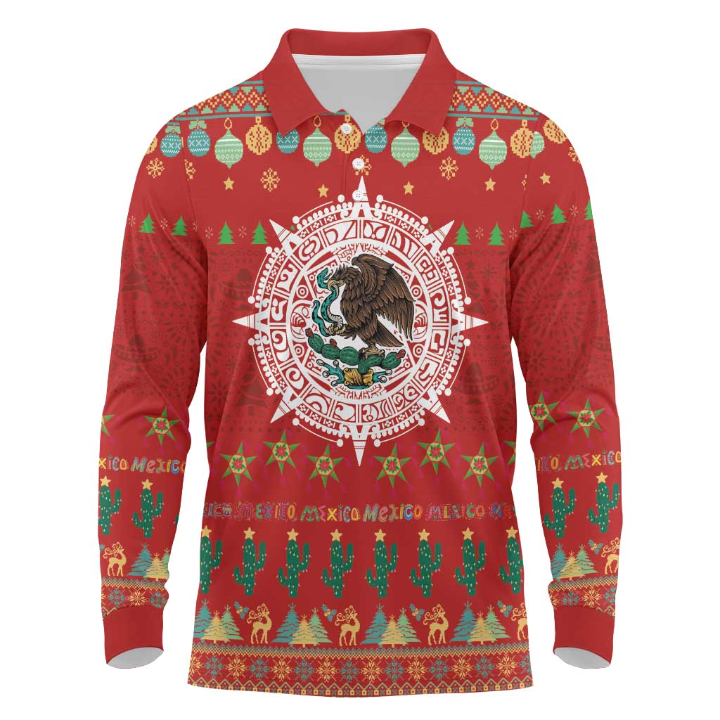 Mexico Merry Christmas Long Sleeve Polo Shirt Mexican Cultural Emblem Xmas Style - Polynesian Pride