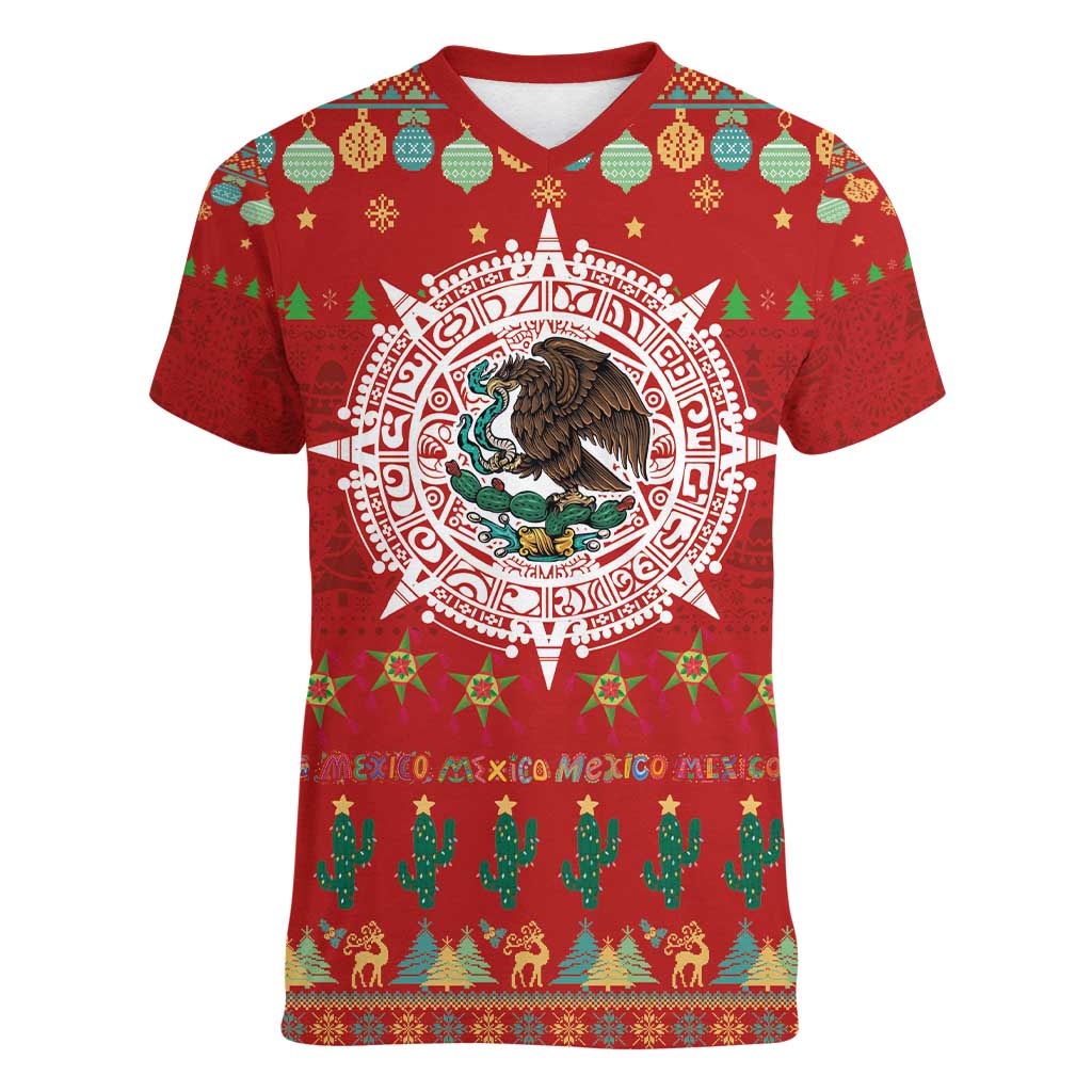 Mexico Merry Christmas Women V-Neck T-Shirt Mexican Cultural Emblem Xmas Style - Polynesian Pride