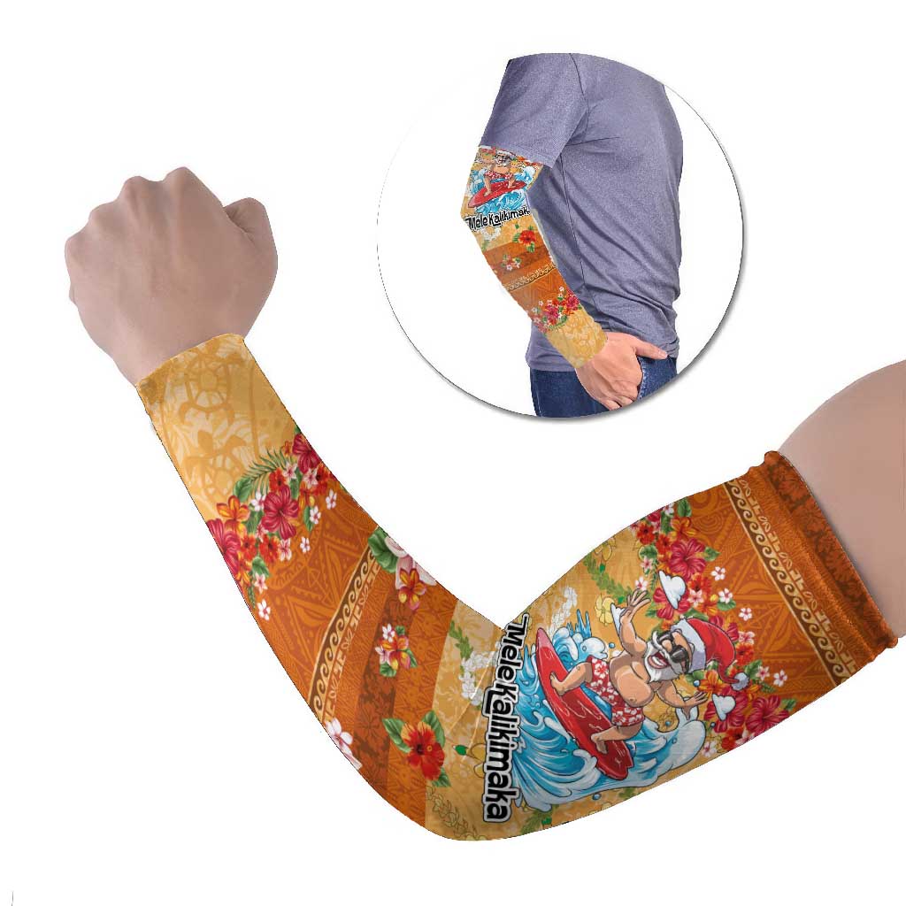 Hawaii Mele Kalikimaka Arm Sleeves Funny Santa Claus Surfing on Tropical Plants - Polynesian Pride