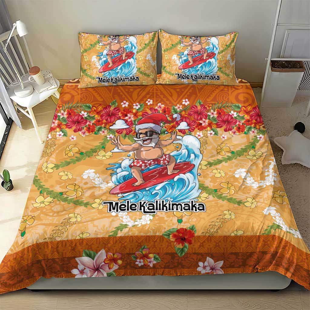 Hawaii Mele Kalikimaka Bedding Set Funny Santa Claus Surfing on Tropical Plants - Polynesian Pride