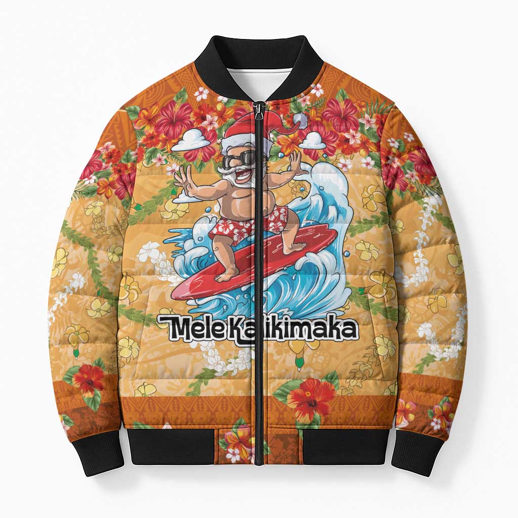 Hawaii Mele Kalikimaka Bomber Puffer Jacket Funny Santa Claus Surfing on Tropical Plants - Polynesian Pride