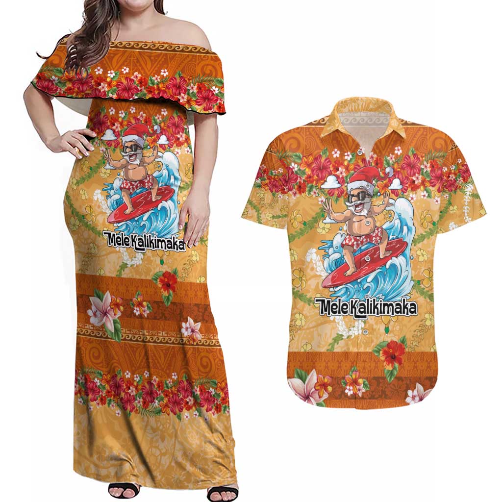 Hawaii Mele Kalikimaka Couples Matching Off Shoulder Maxi Dress and Hawaiian Shirt Funny Santa Claus Surfing on Tropical Plants - Polynesian Pride