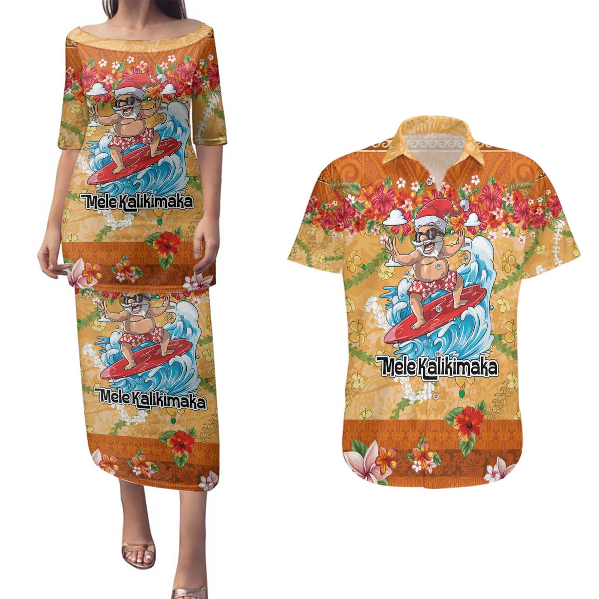 Hawaii Mele Kalikimaka Couples Matching Puletasi and Hawaiian Shirt Funny Santa Claus Surfing on Tropical Plants - Polynesian Pride