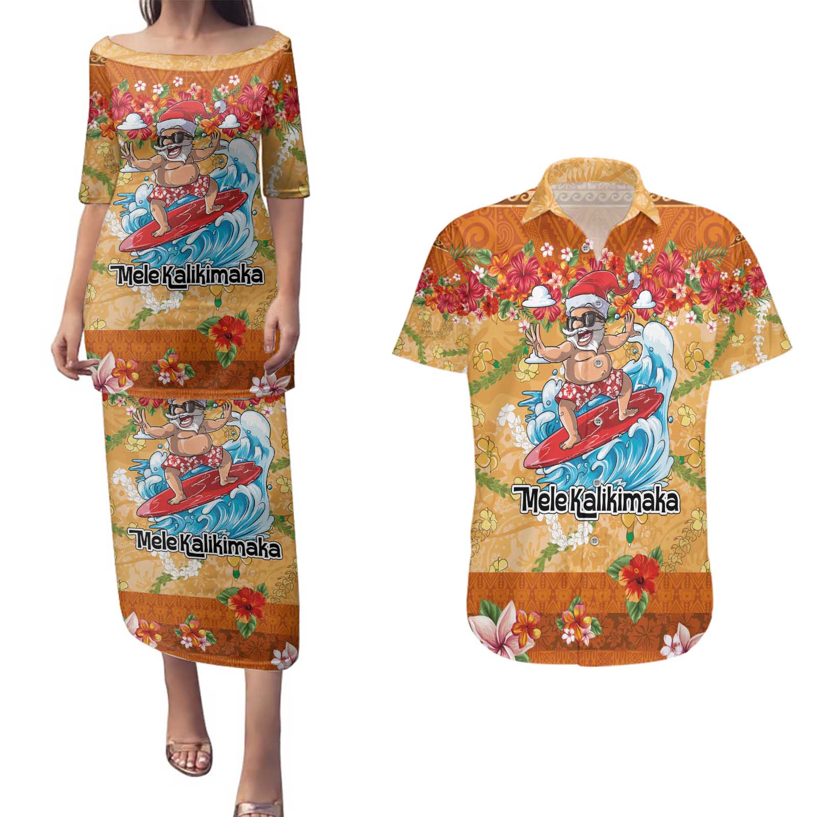 Hawaii Mele Kalikimaka Couples Matching Puletasi and Hawaiian Shirt Funny Santa Claus Surfing on Tropical Plants - Polynesian Pride
