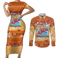 Hawaii Mele Kalikimaka Couples Matching Short Sleeve Bodycon Dress and Long Sleeve Button Shirt Funny Santa Claus Surfing on Tropical Plants - Polynesian Pride