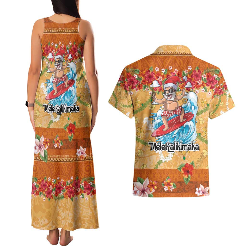 Hawaii Mele Kalikimaka Couples Matching Tank Maxi Dress and Hawaiian Shirt Funny Santa Claus Surfing on Tropical Plants - Polynesian Pride