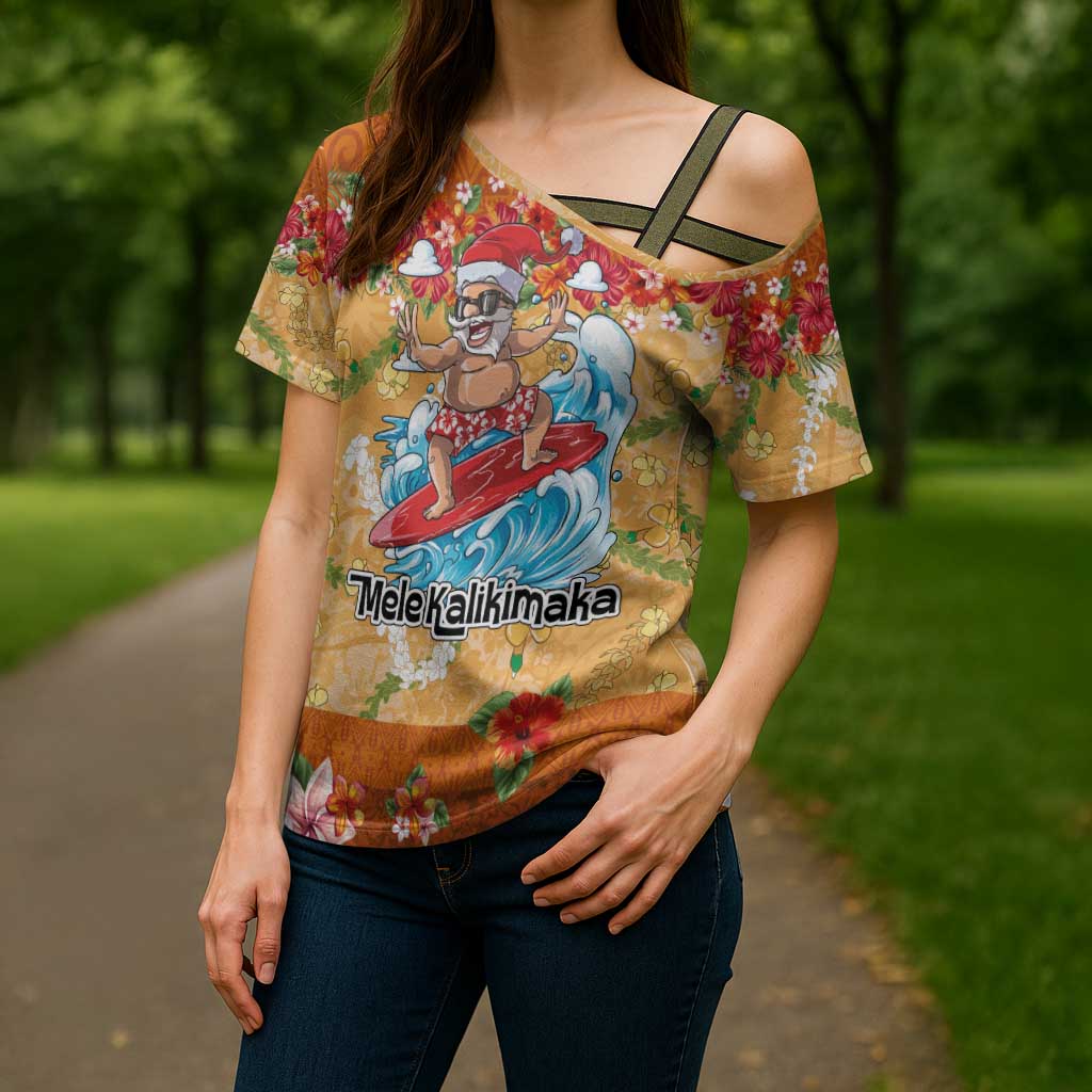 Hawaii Mele Kalikimaka Cross Shoulder Shirt Funny Santa Claus Surfing on Tropical Plants - Polynesian Pride