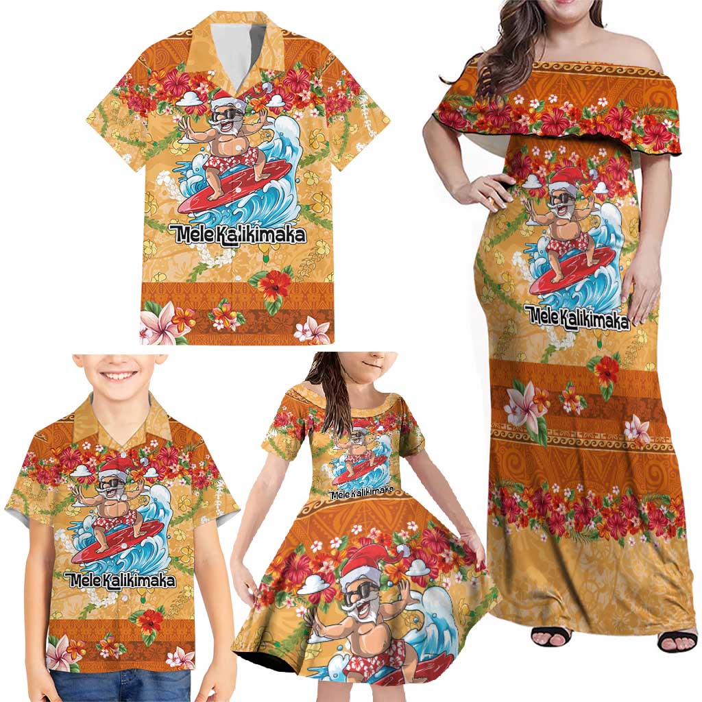 Hawaii Mele Kalikimaka Family Matching Off Shoulder Maxi Dress and Hawaiian Shirt Funny Santa Claus Surfing on Tropical Plants - Polynesian Pride
