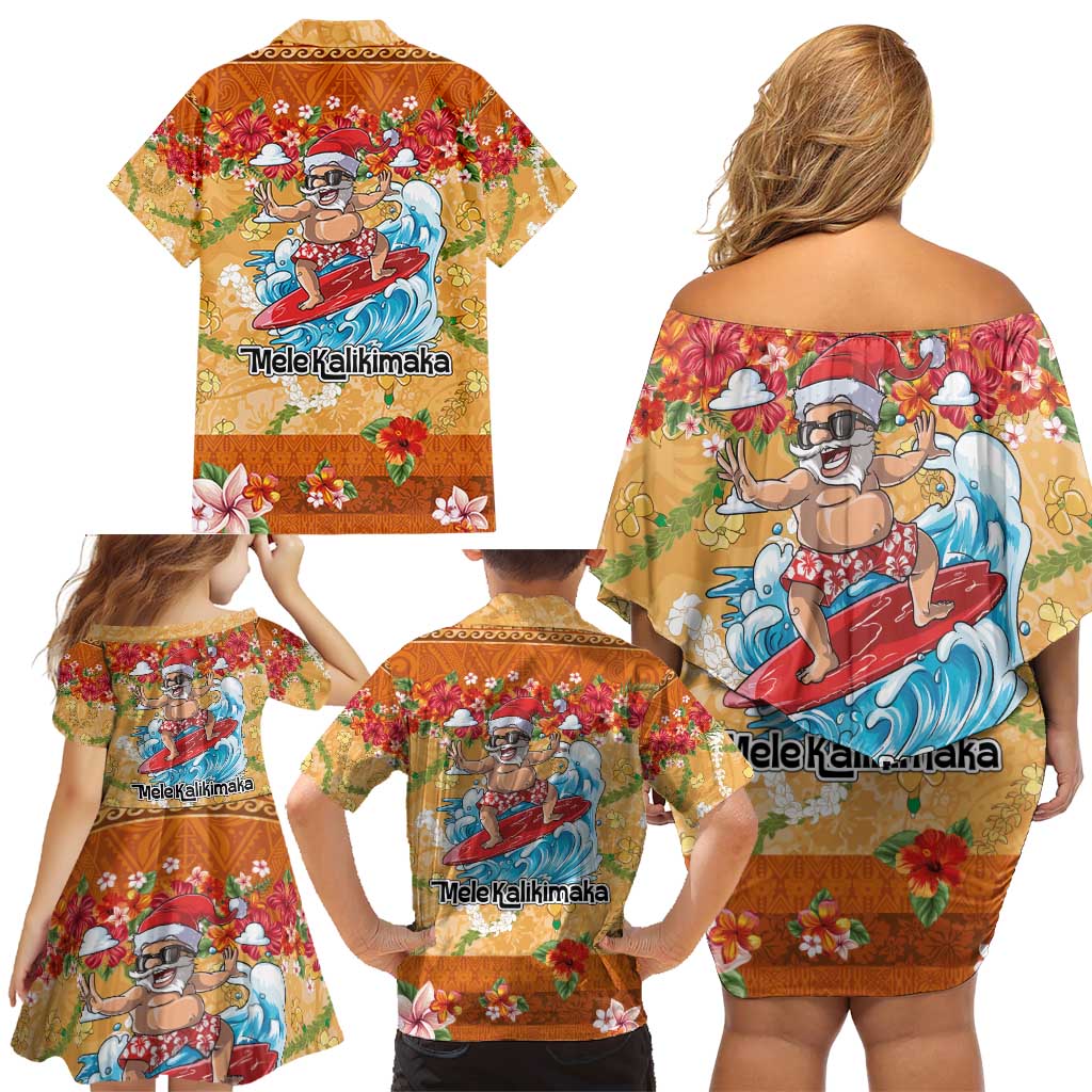 Hawaii Mele Kalikimaka Family Matching Off Shoulder Short Dress and Hawaiian Shirt Funny Santa Claus Surfing on Tropical Plants - Polynesian Pride