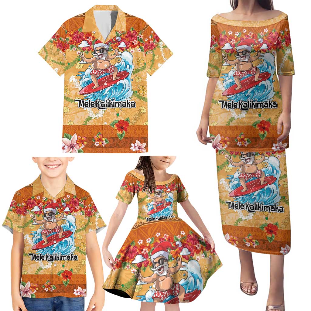 Hawaii Mele Kalikimaka Family Matching Puletasi and Hawaiian Shirt Funny Santa Claus Surfing on Tropical Plants - Polynesian Pride