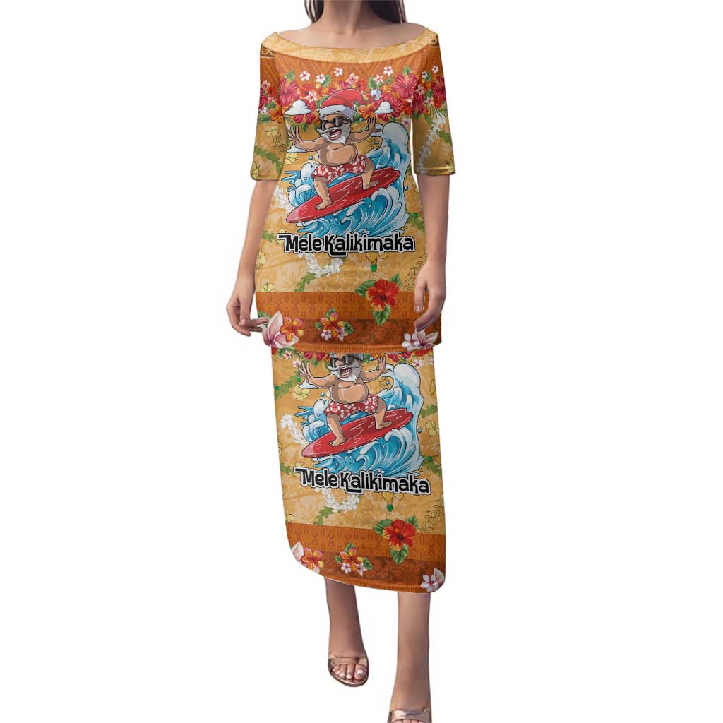 Hawaii Mele Kalikimaka Family Matching Puletasi and Hawaiian Shirt Funny Santa Claus Surfing on Tropical Plants - Polynesian Pride