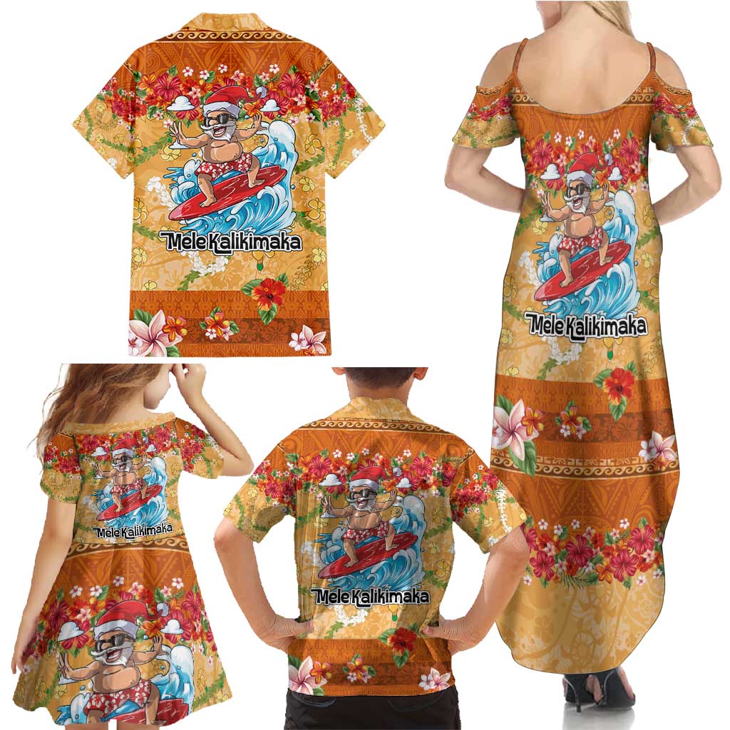 Hawaii Mele Kalikimaka Family Matching Summer Maxi Dress and Hawaiian Shirt Funny Santa Claus Surfing on Tropical Plants - Polynesian Pride