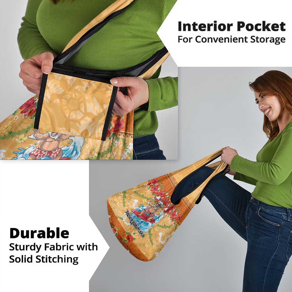 Hawaii Mele Kalikimaka Grocery Bag Funny Santa Claus Surfing on Tropical Plants - Polynesian Pride