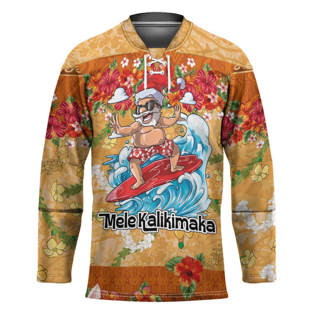 Hawaii Mele Kalikimaka Hockey Jersey Funny Santa Claus Surfing on Tropical Plants - Polynesian Pride