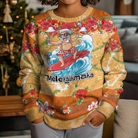 Hawaii Mele Kalikimaka Kid Ugly Christmas Sweater Funny Santa Claus Surfing on Tropical Plants - Polynesian Pride