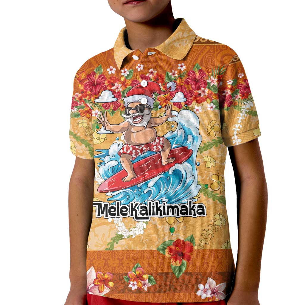 Hawaii Mele Kalikimaka Kid Polo Shirt Funny Santa Claus Surfing on Tropical Plants - Polynesian Pride