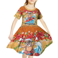 Hawaii Mele Kalikimaka Kid Short Sleeve Dress Funny Santa Claus Surfing on Tropical Plants - Polynesian Pride