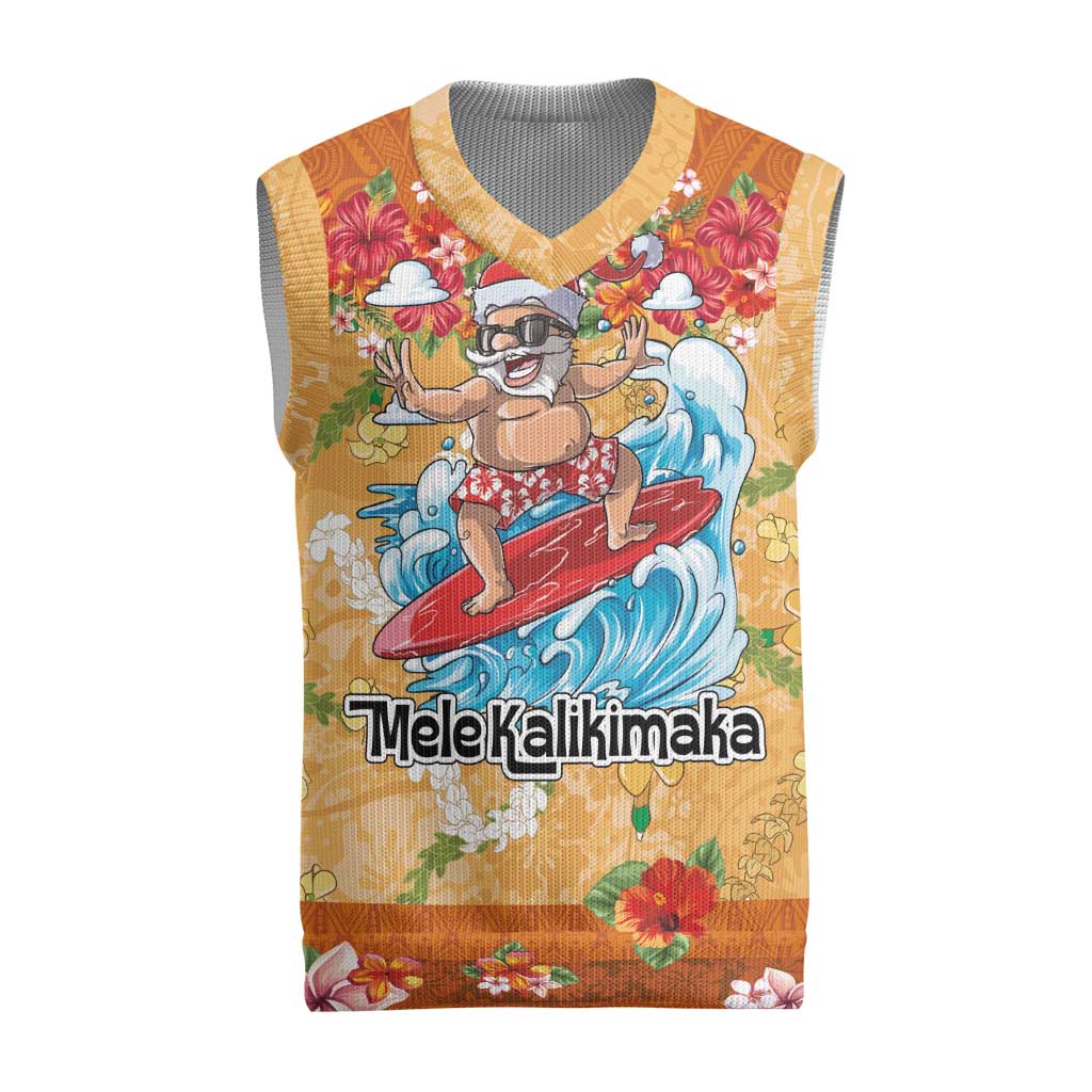 Hawaii Mele Kalikimaka Christmas Knitted V-Neck Vest Funny Santa Claus Surfing on Tropical Plants - Polynesian Pride