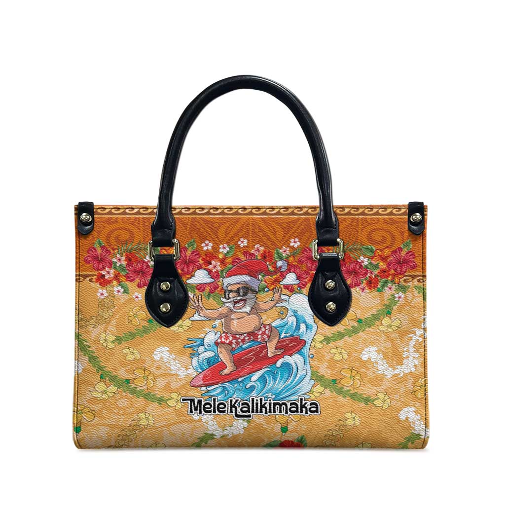 Hawaii Mele Kalikimaka Leather Bag Funny Santa Claus Surfing on Tropical Plants - Polynesian Pride