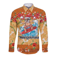 Hawaii Mele Kalikimaka Long Sleeve Button Shirt Funny Santa Claus Surfing on Tropical Plants - Polynesian Pride