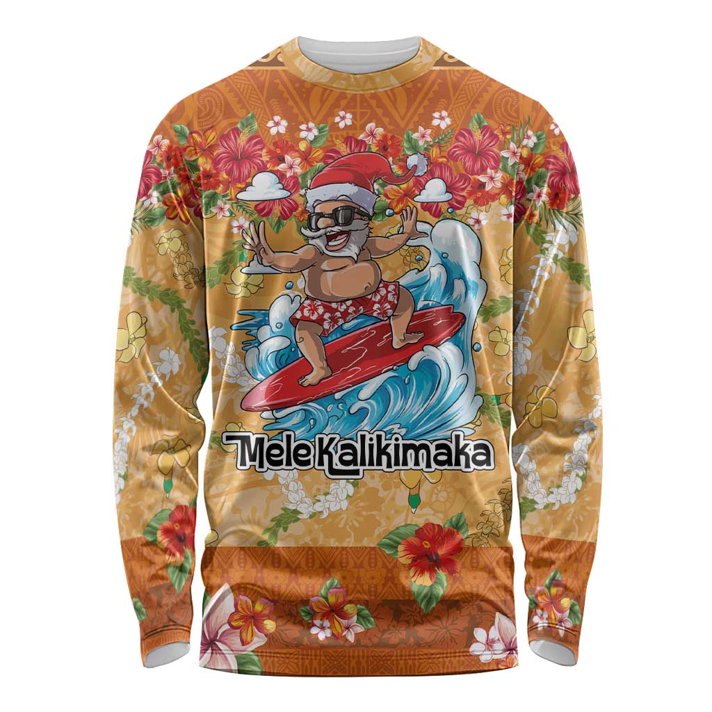Hawaii Mele Kalikimaka Long Sleeve Shirt Funny Santa Claus Surfing on Tropical Plants - Polynesian Pride