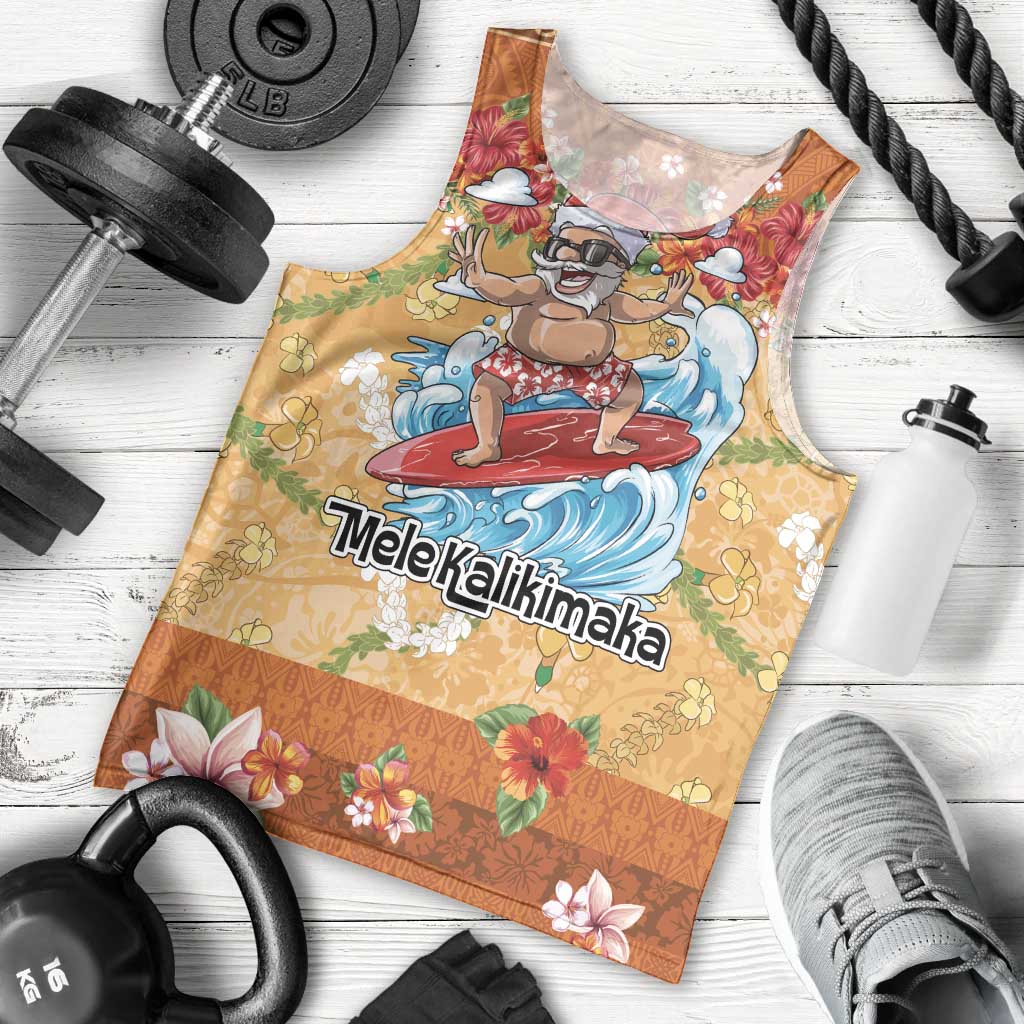 Hawaii Mele Kalikimaka Men Tank Top Funny Santa Claus Surfing on Tropical Plants - Polynesian Pride