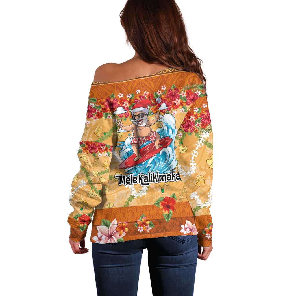 Hawaii Mele Kalikimaka Off Shoulder Sweater Funny Santa Claus Surfing on Tropical Plants - Polynesian Pride