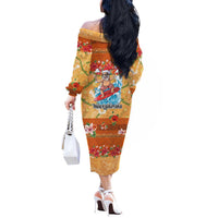 Hawaii Mele Kalikimaka Off The Shoulder Long Sleeve Dress Funny Santa Claus Surfing on Tropical Plants - Polynesian Pride