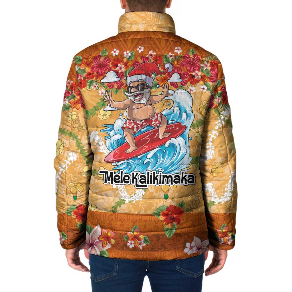 Hawaii Mele Kalikimaka Padded Jacket Funny Santa Claus Surfing on Tropical Plants - Polynesian Pride