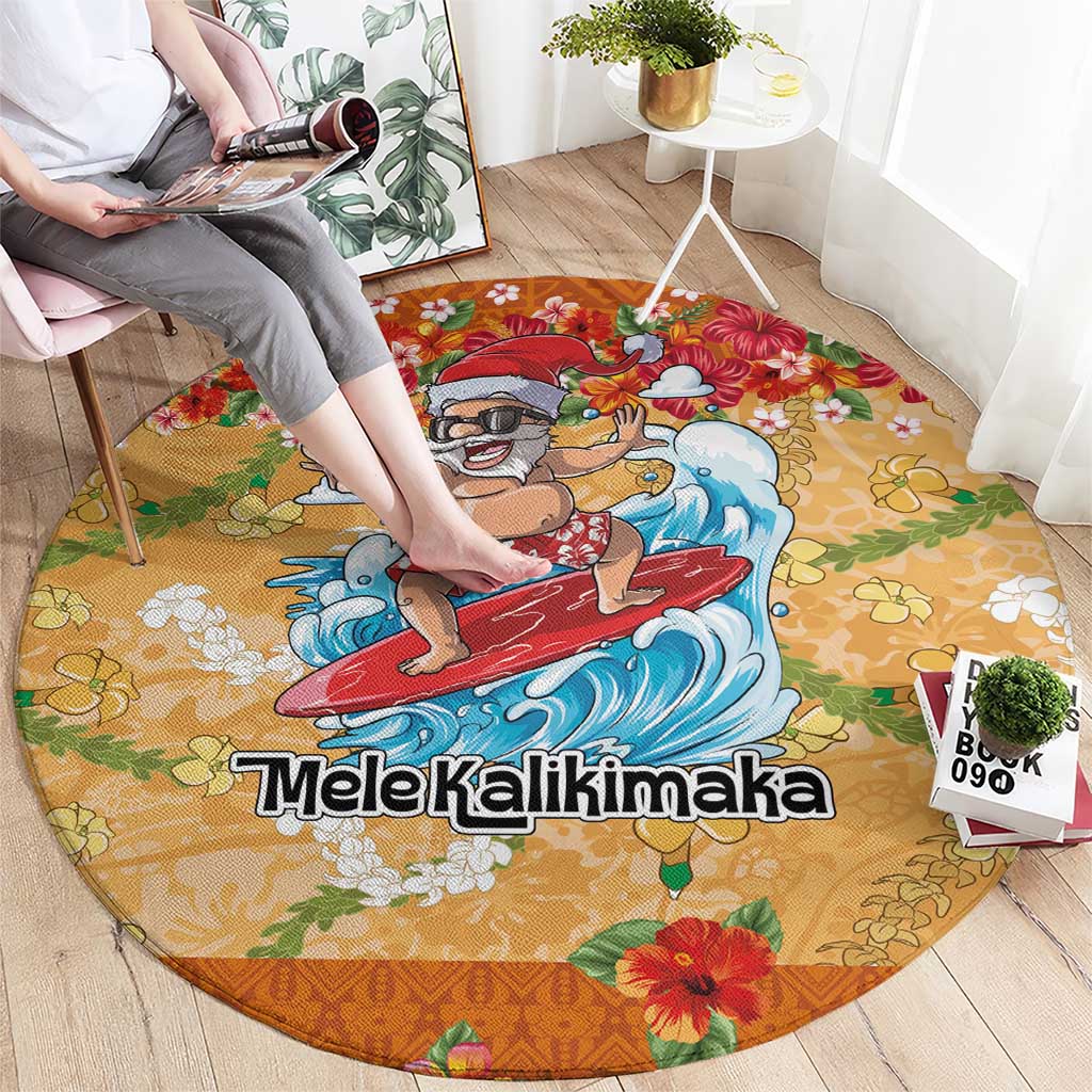 Hawaii Mele Kalikimaka Round Carpet Funny Santa Claus Surfing on Tropical Plants - Polynesian Pride