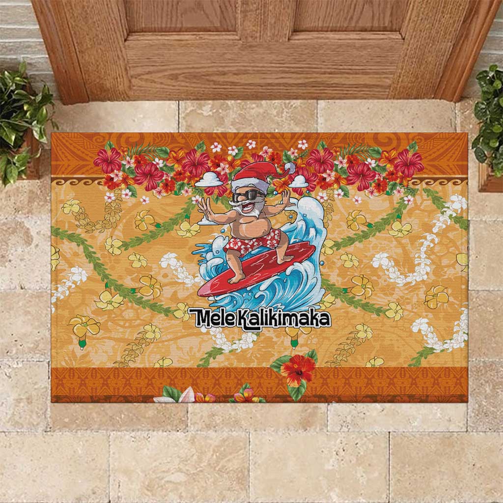 Hawaii Mele Kalikimaka Rubber Doormat Funny Santa Claus Surfing on Tropical Plants - Polynesian Pride