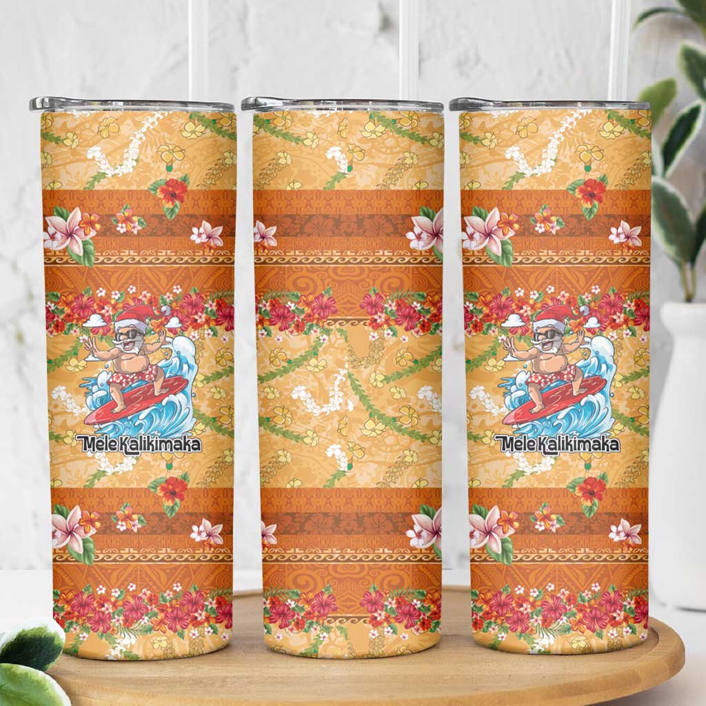 Hawaii Mele Kalikimaka Skinny Tumbler Funny Santa Claus Surfing on Tropical Plants - Polynesian Pride