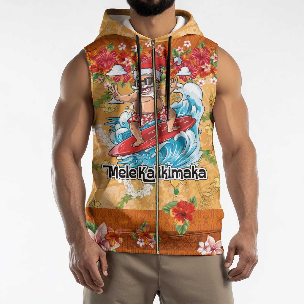 Hawaii Mele Kalikimaka Sleeveless Zip Hoodie Funny Santa Claus Surfing on Tropical Plants - Polynesian Pride
