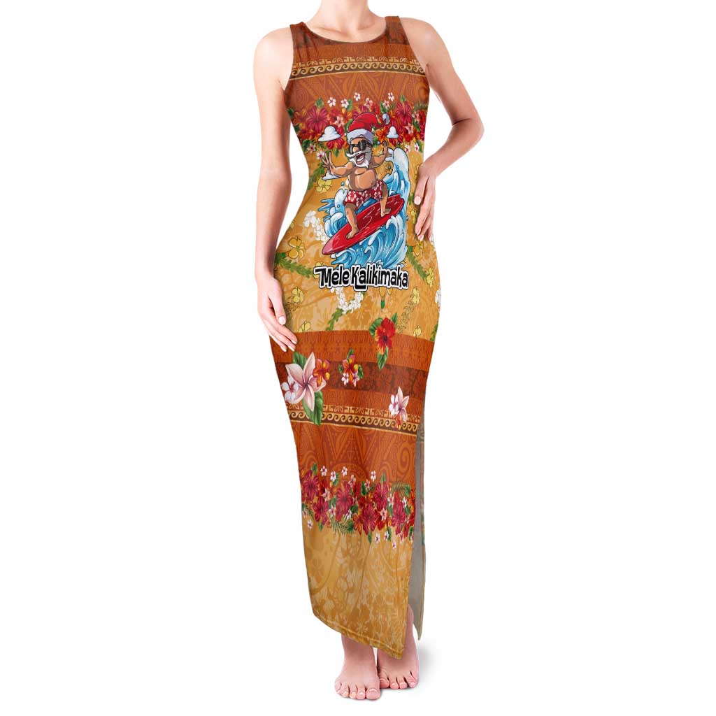 Hawaii Mele Kalikimaka Tank Maxi Dress Funny Santa Claus Surfing on Tropical Plants - Polynesian Pride
