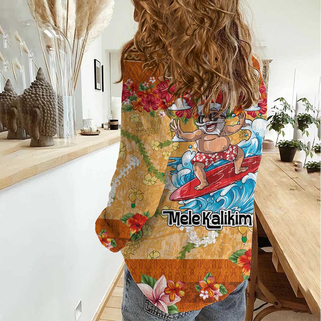 Hawaii Mele Kalikimaka Women Casual Shirt Funny Santa Claus Surfing on Tropical Plants - Polynesian Pride