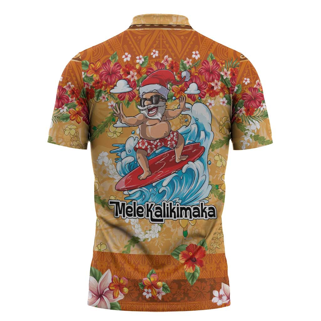 Hawaii Mele Kalikimaka Zipper Polo Shirt Funny Santa Claus Surfing on Tropical Plants - Polynesian Pride