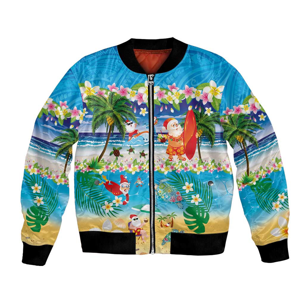 Polynesian Merry Christmas Bomber Jacket Funny Santa Beach Tropical Plant and Turtle - Polynesian Pride
