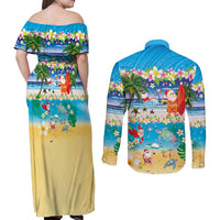 Polynesian Merry Christmas Couples Matching Off Shoulder Maxi Dress and Long Sleeve Button Shirt Funny Santa Beach Tropical Plant and Turtle - Polynesian Pride