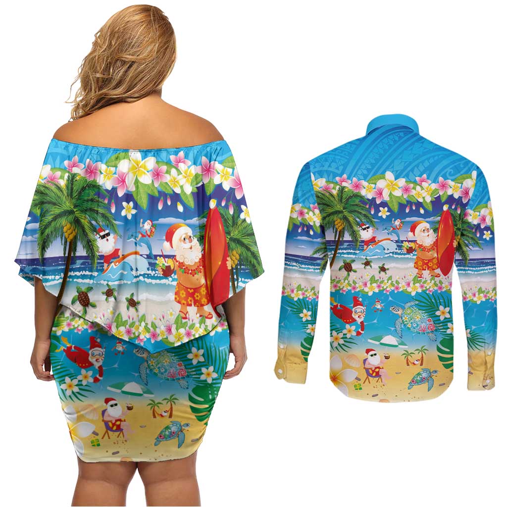 Polynesian Merry Christmas Couples Matching Off Shoulder Short Dress and Long Sleeve Button Shirt Funny Santa Beach Tropical Plant and Turtle - Polynesian Pride