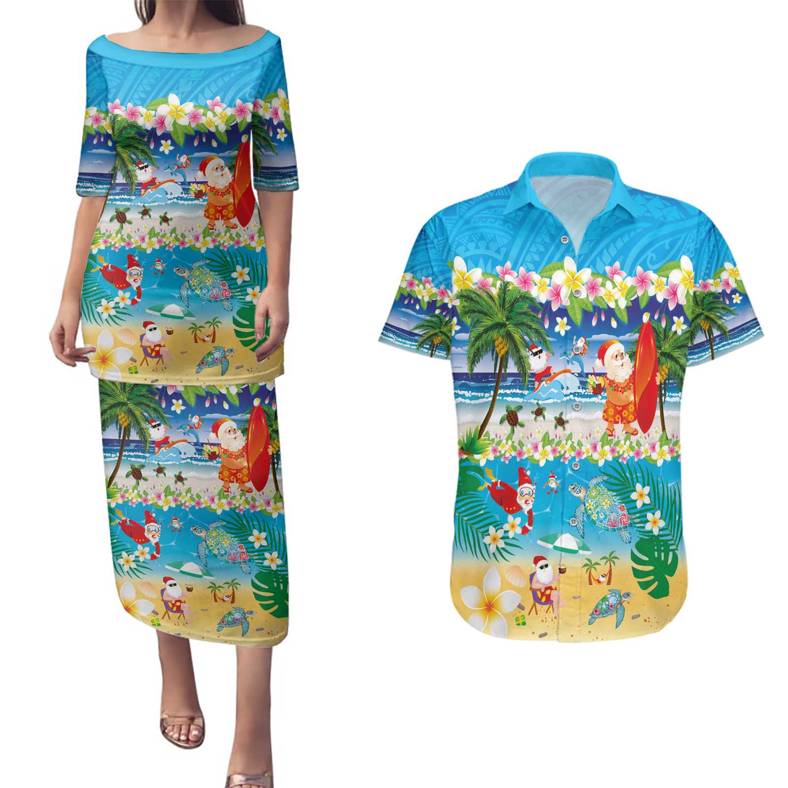 Polynesian Merry Christmas Couples Matching Puletasi and Hawaiian Shirt Funny Santa Beach Tropical Plant and Turtle - Polynesian Pride