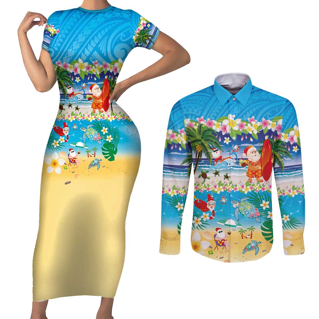 Polynesian Merry Christmas Couples Matching Short Sleeve Bodycon Dress and Long Sleeve Button Shirt Funny Santa Beach Tropical Plant and Turtle - Polynesian Pride