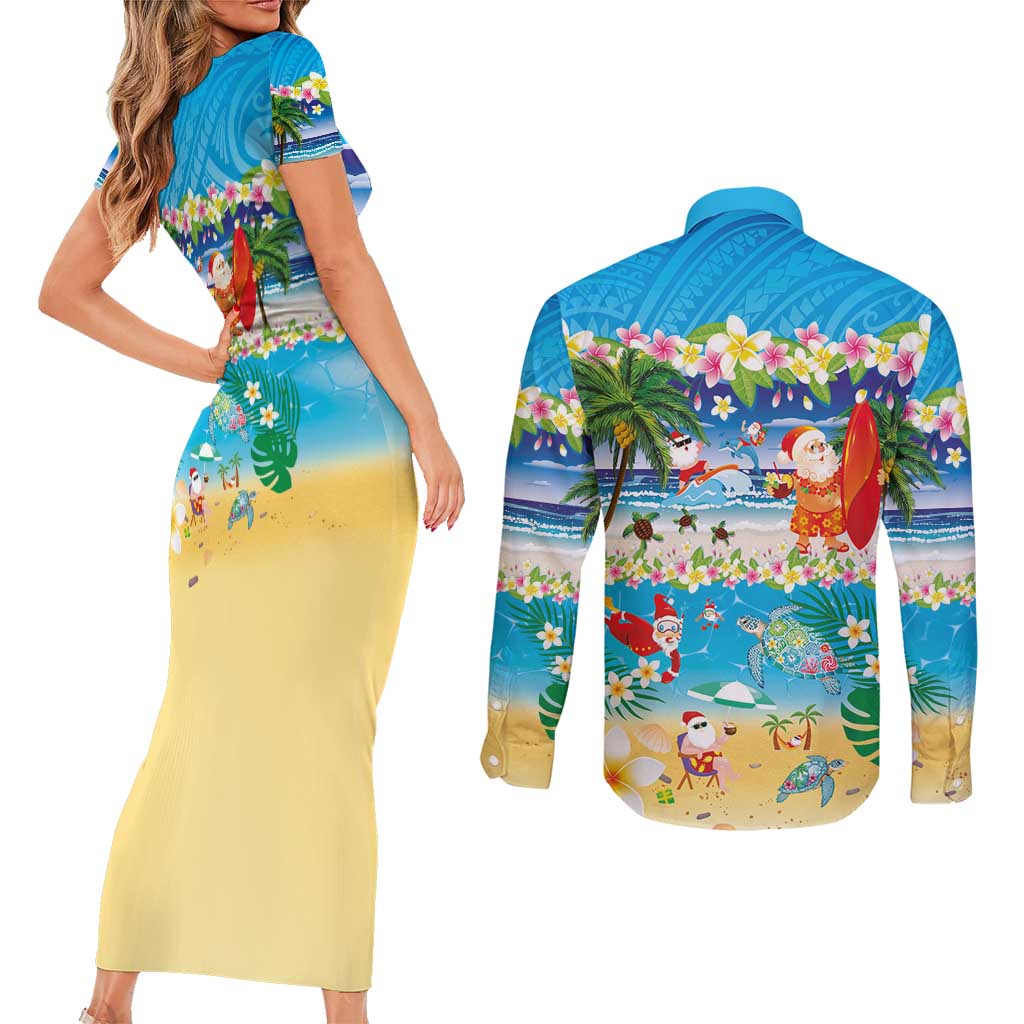 Polynesian Merry Christmas Couples Matching Short Sleeve Bodycon Dress and Long Sleeve Button Shirt Funny Santa Beach Tropical Plant and Turtle - Polynesian Pride