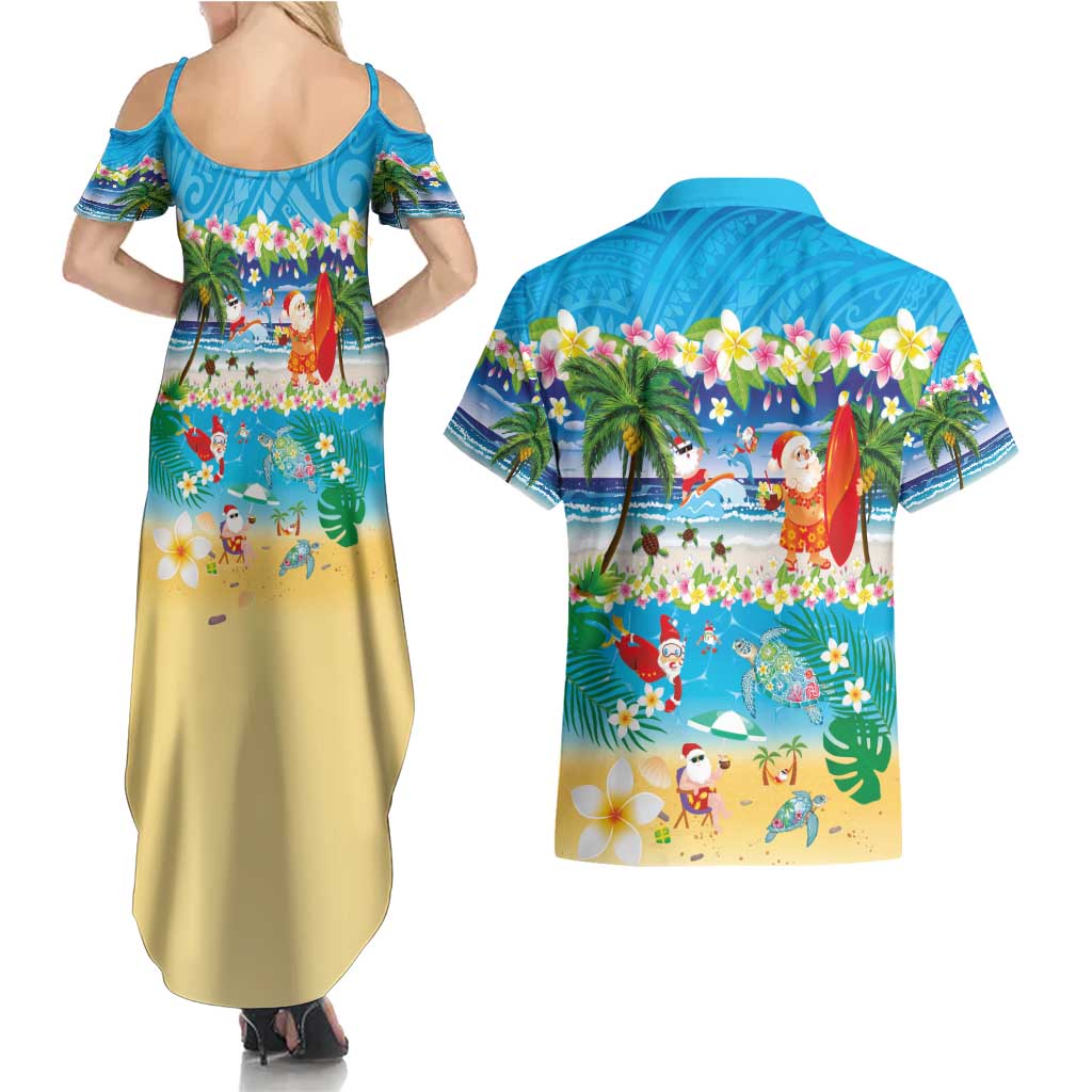 Polynesian Merry Christmas Couples Matching Summer Maxi Dress and Hawaiian Shirt Funny Santa Beach Tropical Plant and Turtle - Polynesian Pride