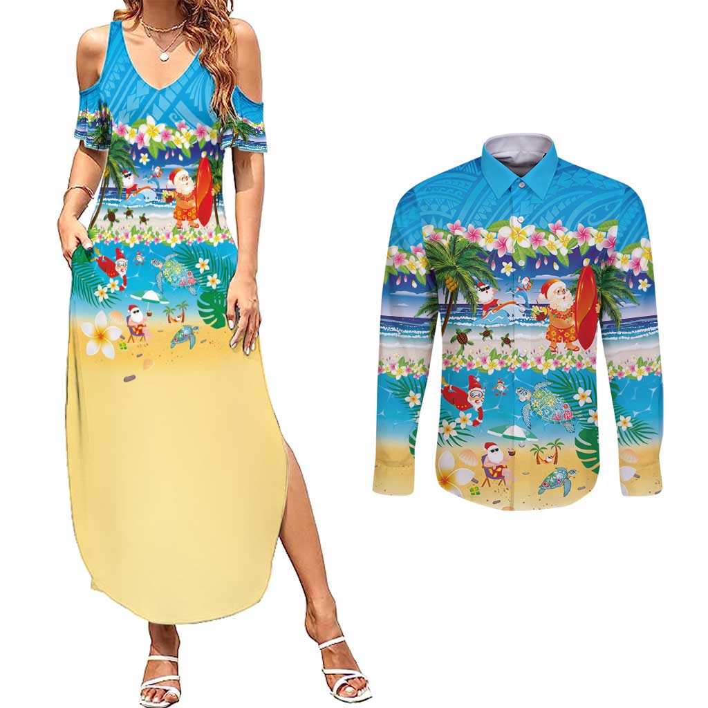 Polynesian Merry Christmas Couples Matching Summer Maxi Dress and Long Sleeve Button Shirt Funny Santa Beach Tropical Plant and Turtle - Polynesian Pride