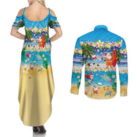Polynesian Merry Christmas Couples Matching Summer Maxi Dress and Long Sleeve Button Shirt Funny Santa Beach Tropical Plant and Turtle - Polynesian Pride