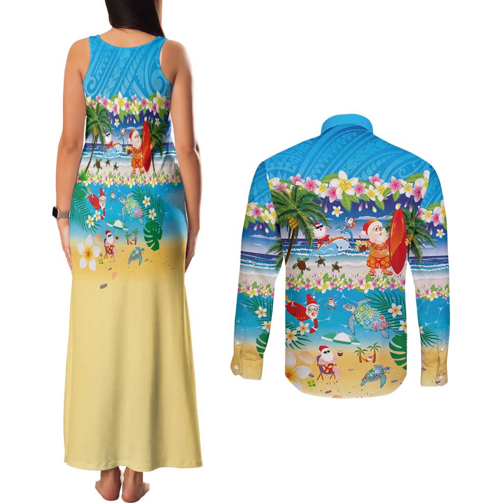 Polynesian Merry Christmas Couples Matching Tank Maxi Dress and Long Sleeve Button Shirt Funny Santa Beach Tropical Plant and Turtle - Polynesian Pride
