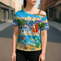 Polynesian Merry Christmas Cross Shoulder Shirt Funny Santa Beach Tropical Plant and Turtle - Polynesian Pride