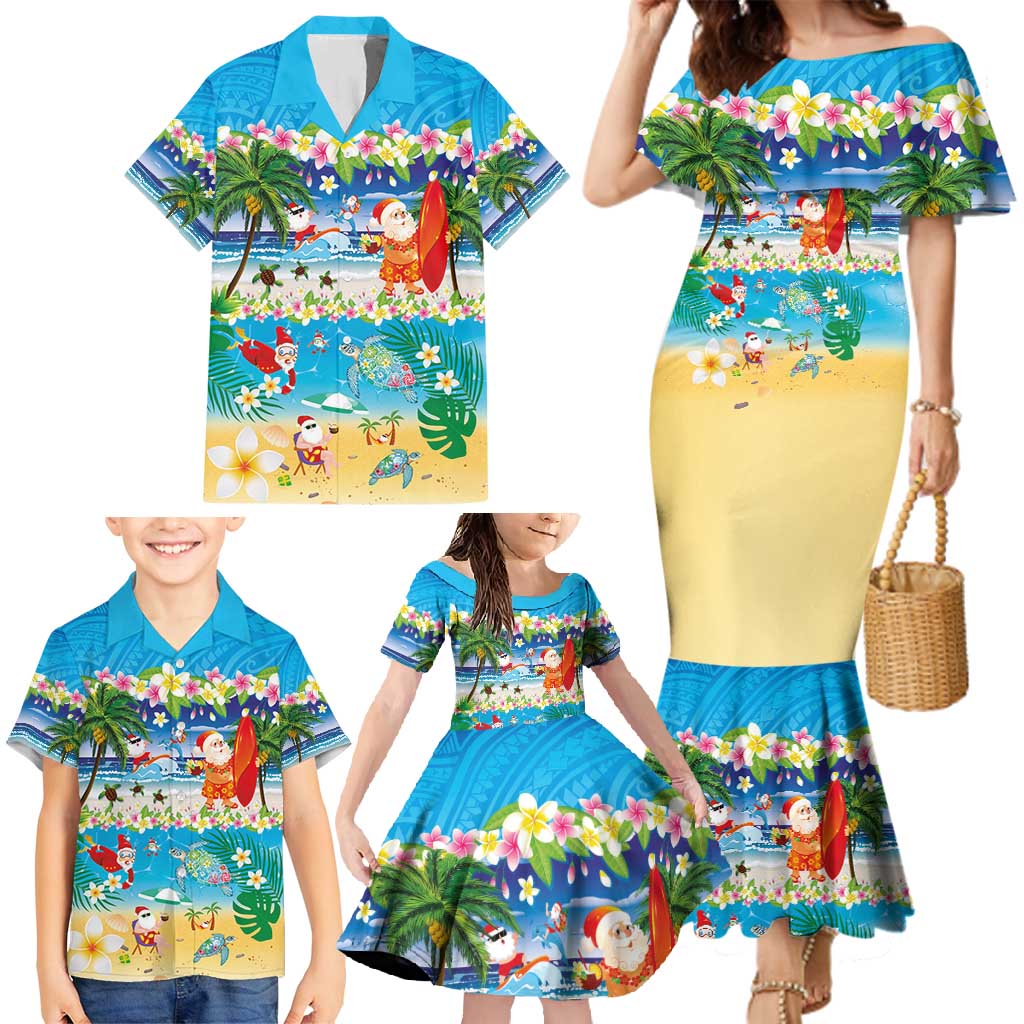 Polynesian Merry Christmas Family Matching Mermaid Dress and Hawaiian Shirt Funny Santa Beach Tropical Plant and Turtle - Polynesian Pride