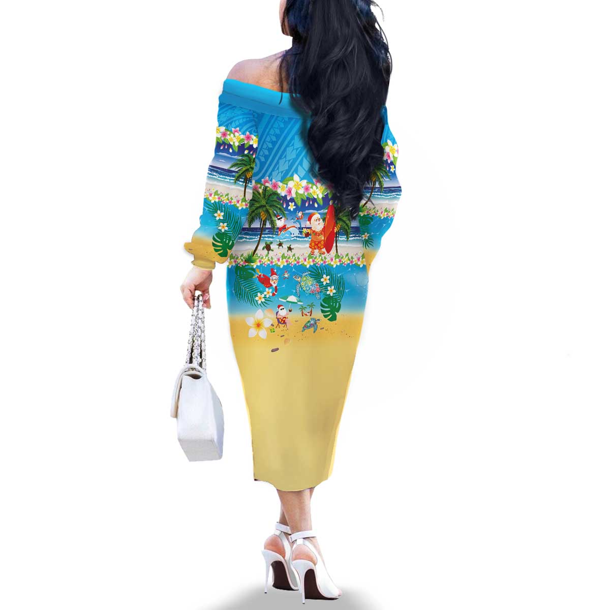 Polynesian Merry Christmas Family Matching Off The Shoulder Long Sleeve Dress and Hawaiian Shirt Funny Santa Beach Tropical Plant and Turtle - Polynesian Pride