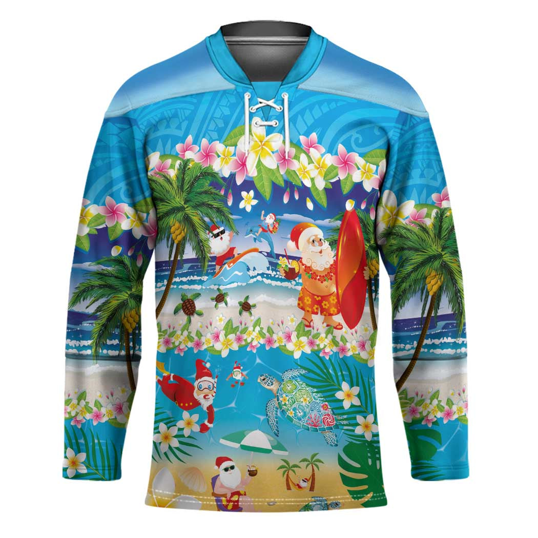 Polynesian Merry Christmas Hockey Jersey Funny Santa Beach Tropical Plant and Turtle - Polynesian Pride